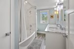 Large upstairs bathroom with double sinks